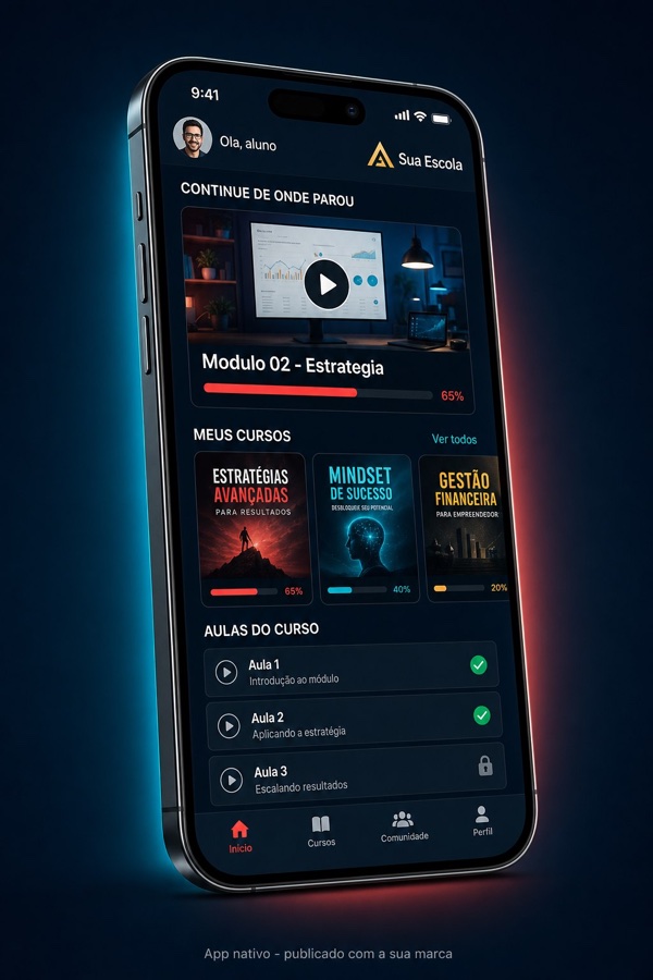 App oficial white-label da sua escola, publicado com a sua marca
